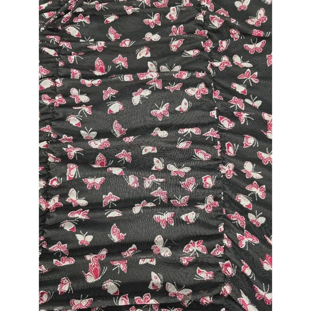Ultra‎ Flirt Women's XS Bodycon Mini Dress Black Pink Butterfly Print Ruched XL